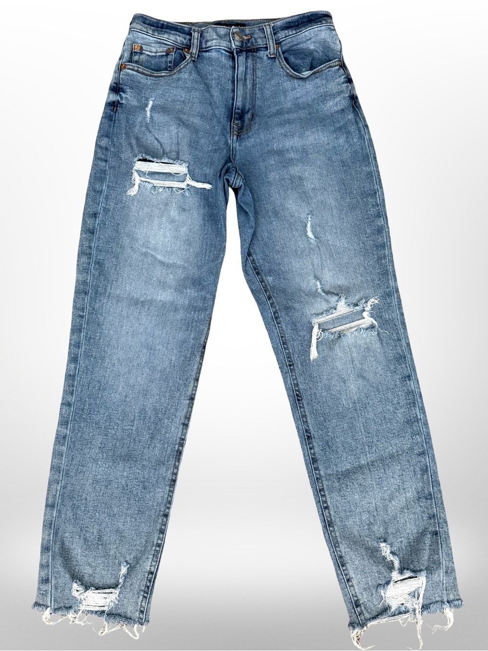 Aeropostale Curvy Mom Jean High Rise Ripped Distressed Raw Hem Medium Wash Denim